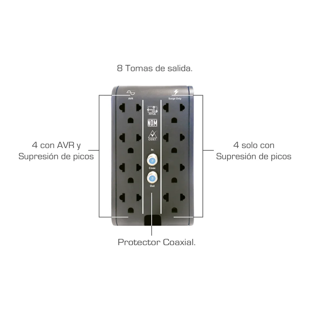 Estabilizador de Voltaje CDP R2C-AVR1008I – 1000VA / 500W | 4 Tomas AVR + 4 Bypass con Protección Coaxial