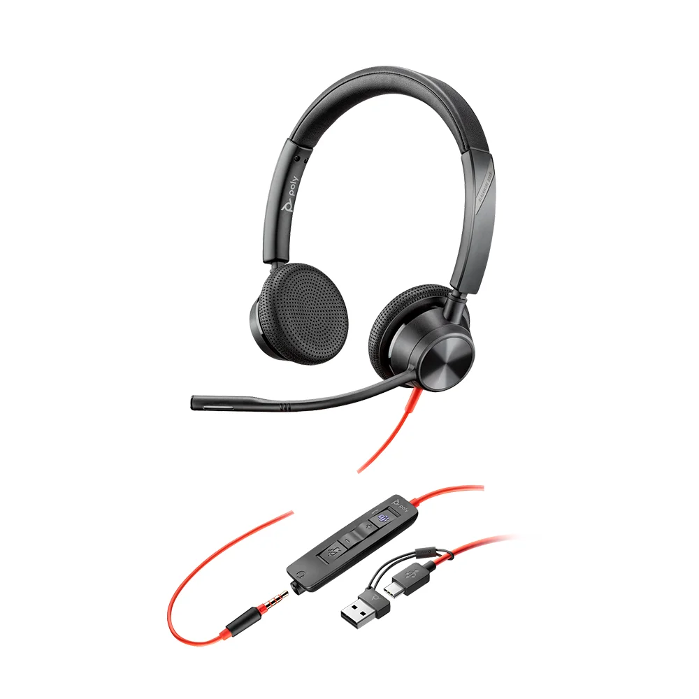 Auriculares estéreo USB-C Poly Blackwire 3325 con certificación de Microsoft Teams + conector de 3,5 mm + adaptador USB-C/A - 8X222AA