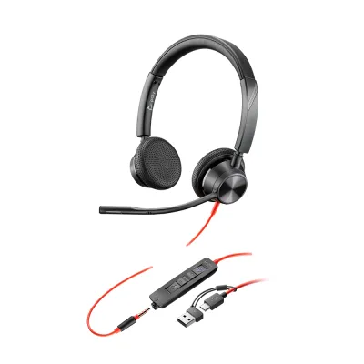 Auriculares estéreo USB-C Poly Blackwire 3325 con certificación de Microsoft Teams + conector de 3,5 mm + adaptador USB-C/A - 8X222AA