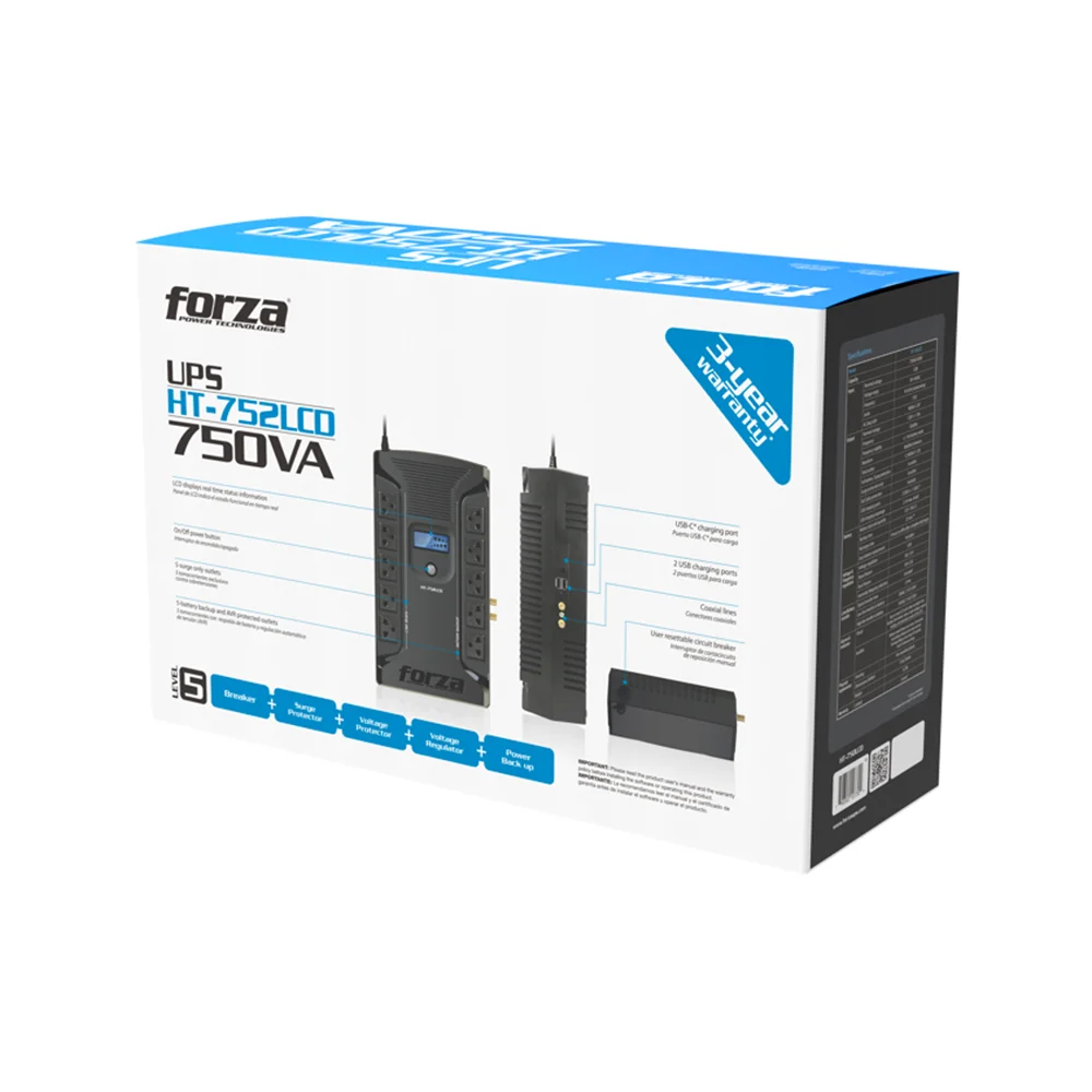UPS interactiva Forza HT-752LCD | HT-752LCDS 750VA/450W, 10 salidas, coax, USB, sobremesa-220V
