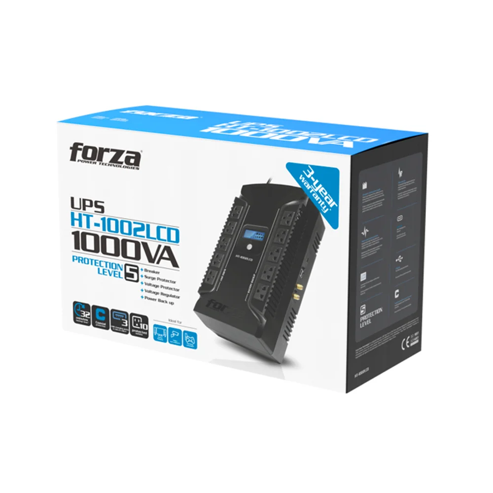 Forza HT-1002LCD | UPS interactiva 1000VA/600W, 10 salidas, coax, USB, sobremesa-220V