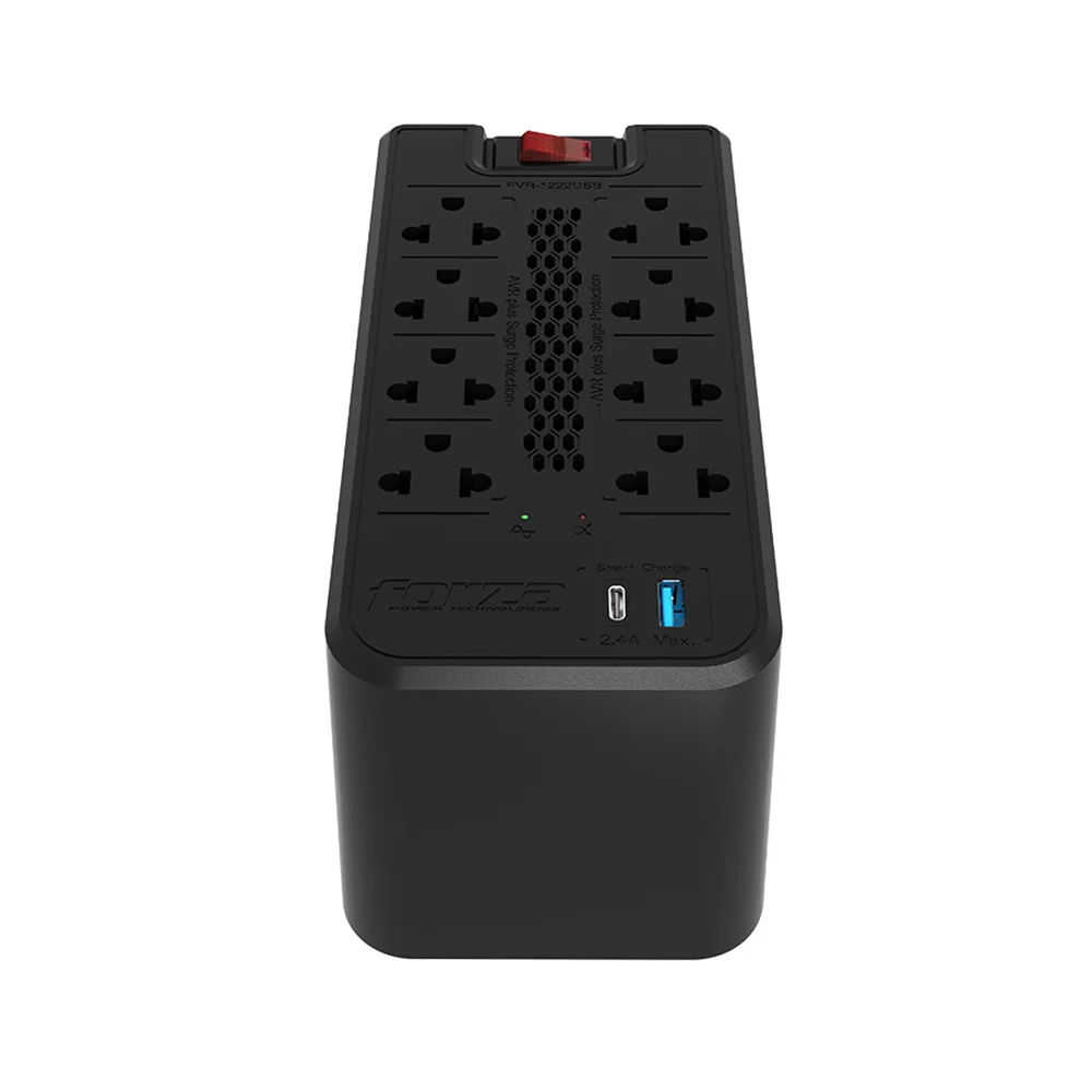 Regulador de voltaje Forza FVR-1222USB | Regulador automático de voltaje 1200VA/600W, 8 salidas, 2 USB-220V