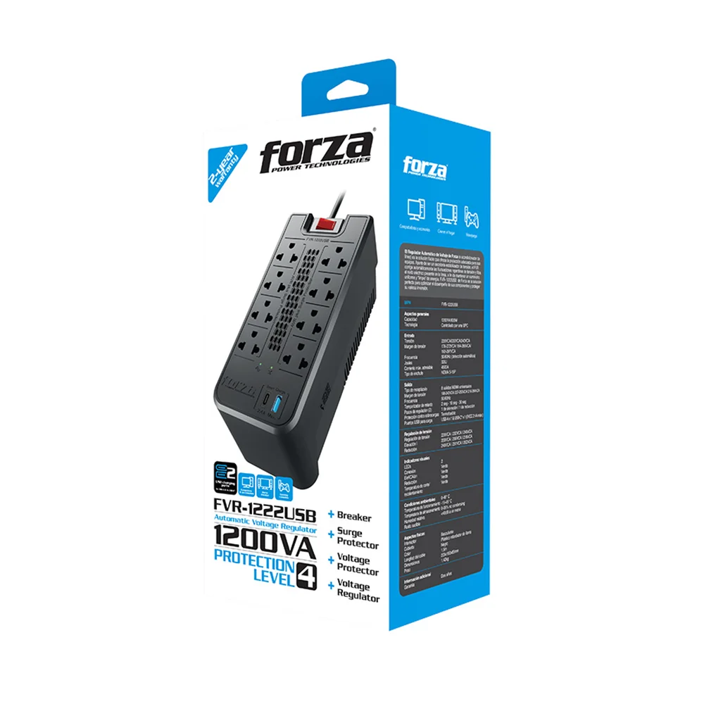 Regulador de voltaje Forza FVR-1222USB | Regulador automático de voltaje 1200VA/600W, 8 salidas, 2 USB-220V