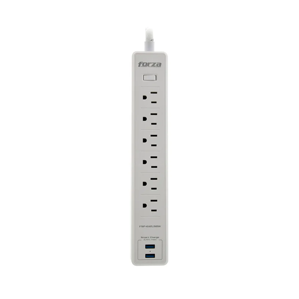 Protector de sobretensión Forza FSP-612USBW | Protector tensión 1200J/1680W, 6 salidas, enchufe plano-120V/240V