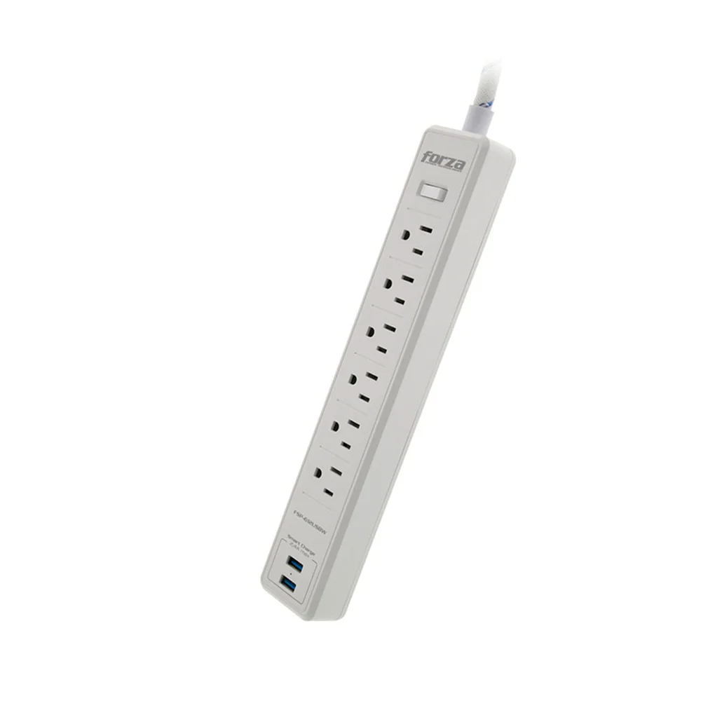 Protector de sobretensión Forza FSP-612USBW | Protector tensión 1200J/1680W, 6 salidas, enchufe plano-120V/240V