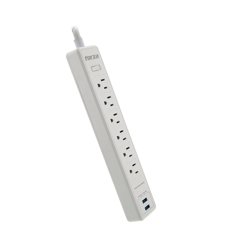 Protector de sobretensión Forza FSP-612USBW | Protector tensión 1200J/1680W, 6 salidas, enchufe plano-120V/240V