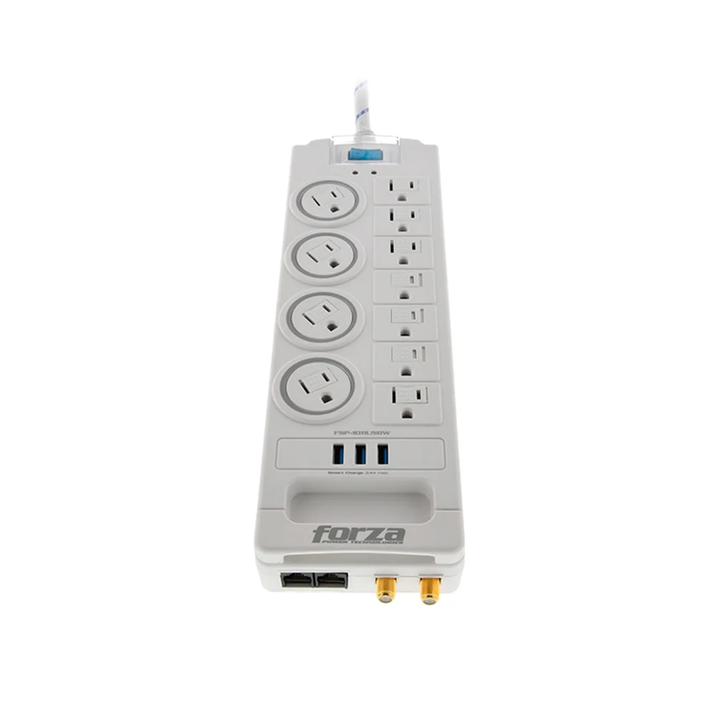 Protector de sobretensión Forza FSP-1011USBW | Protector tensión 1800J/ 1750W, 11 salidas, USB, RJ45 & coax-120V/240V
