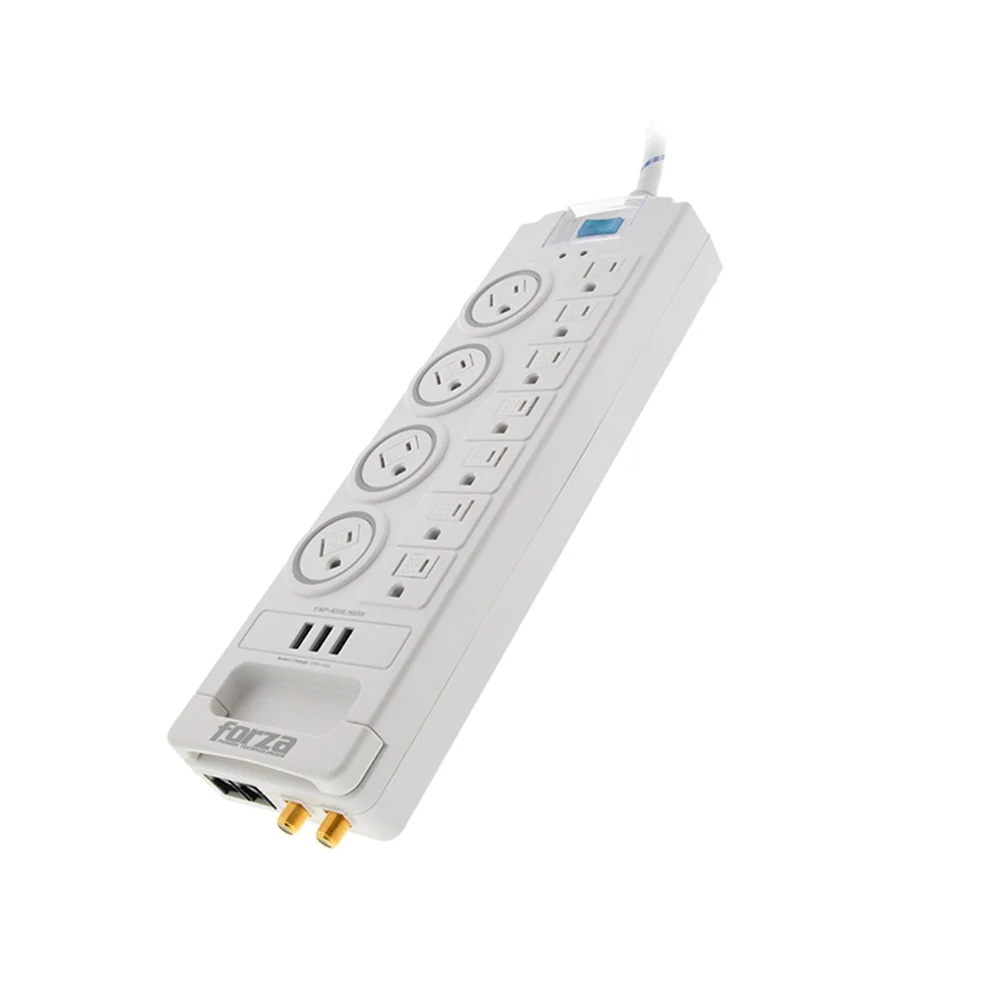 Protector de sobretensión Forza FSP-1011USBW | Protector tensión 1800J/ 1750W, 11 salidas, USB, RJ45 & coax-120V/240V