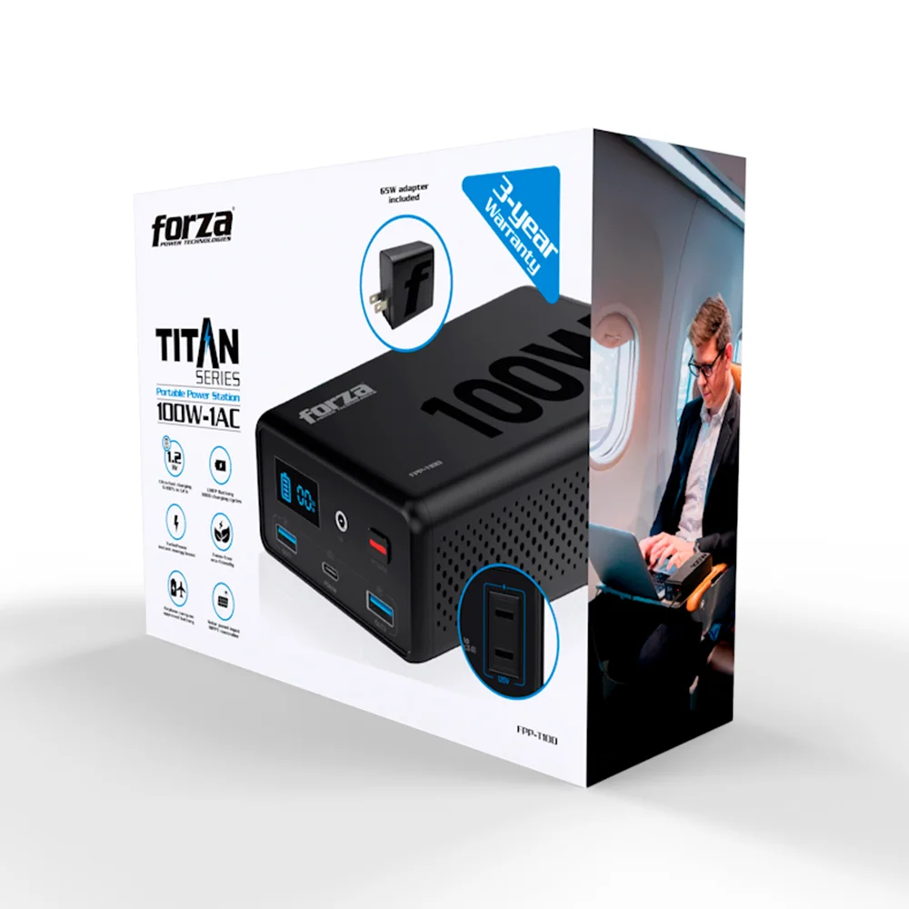 Forza FPP-T100 | Central Eléctrica Portátil 100W, 5/9/12VCC, USB-A + USB-C, 1 CA, LiFePO4 - 110V