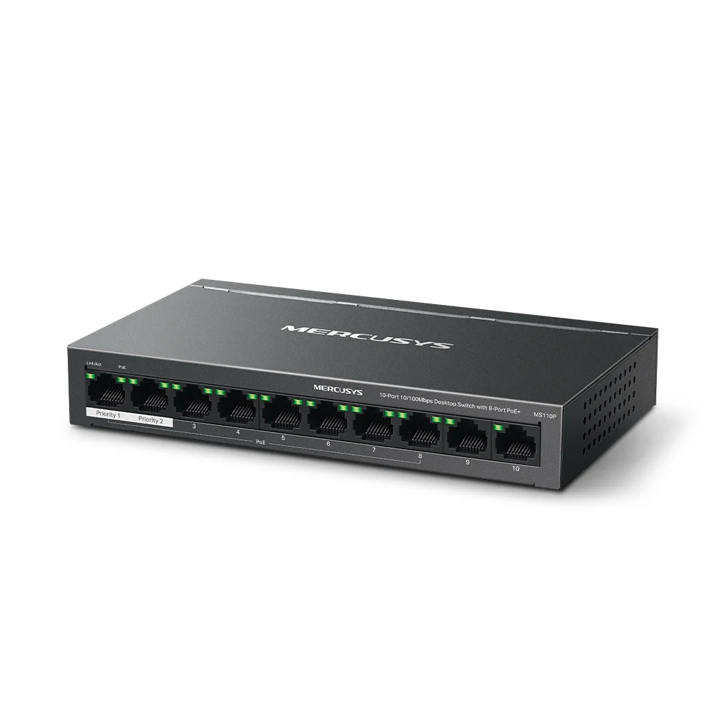 Switch PoE Mercusys MS110P | 10-Port 10/100Mbps Desktop Switch with 8-Port PoE+
