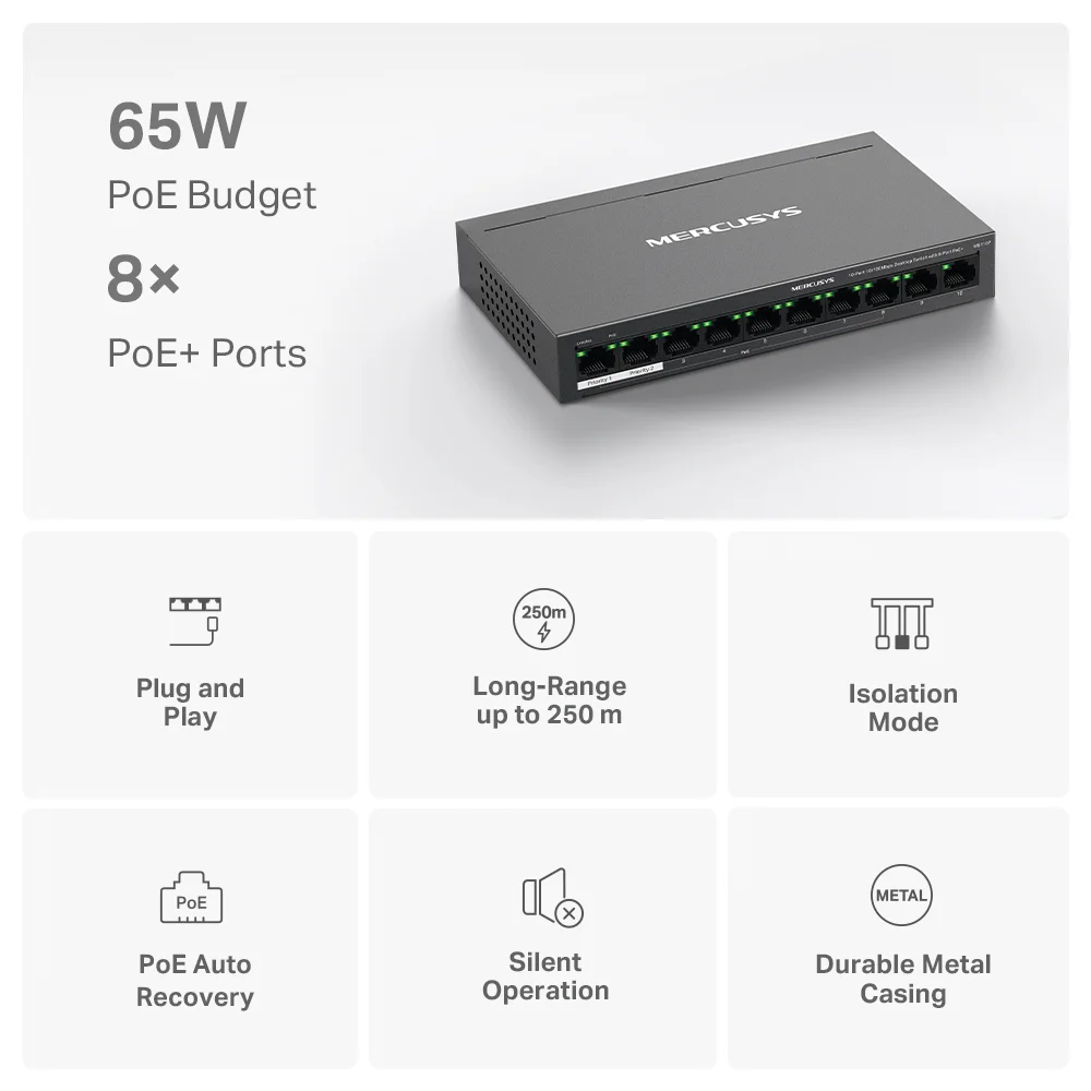 Switch PoE Mercusys MS110P | 10-Port 10/100Mbps Desktop Switch with 8-Port PoE+