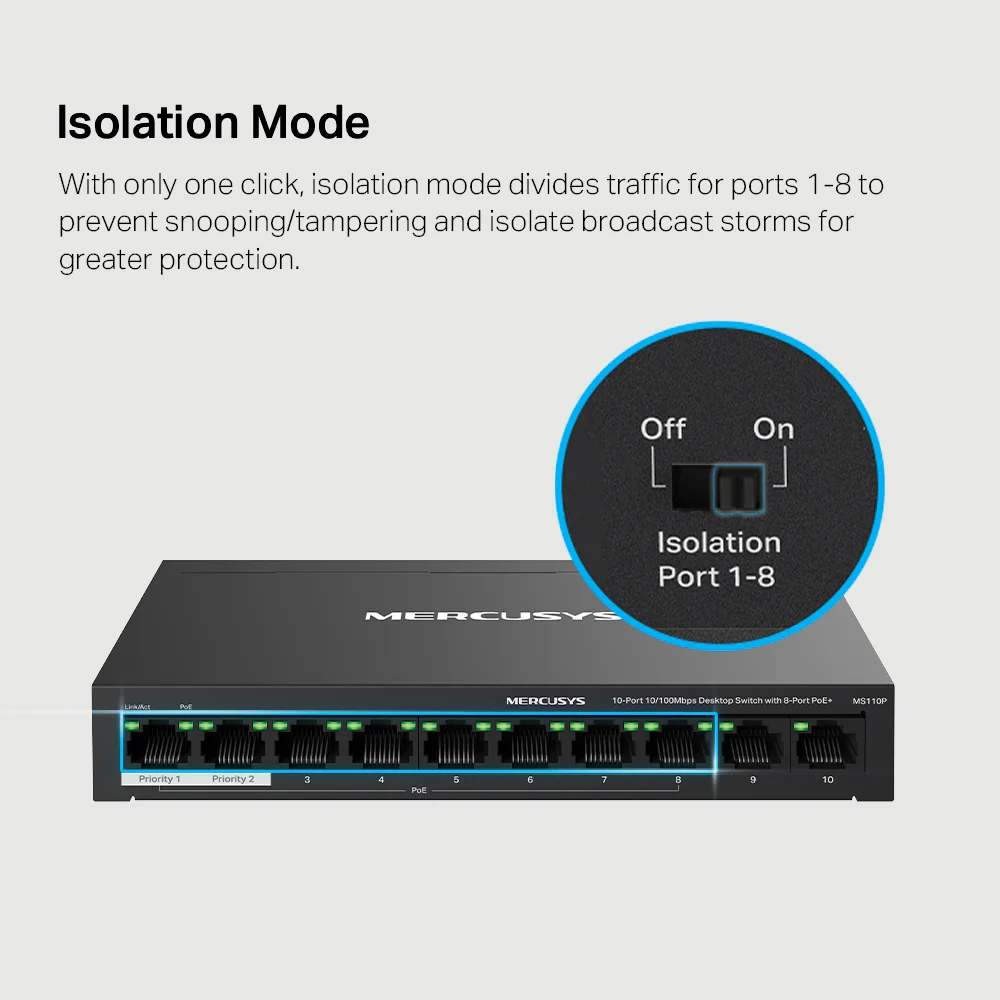 Switch PoE Mercusys MS110P | 10-Port 10/100Mbps Desktop Switch with 8-Port PoE+