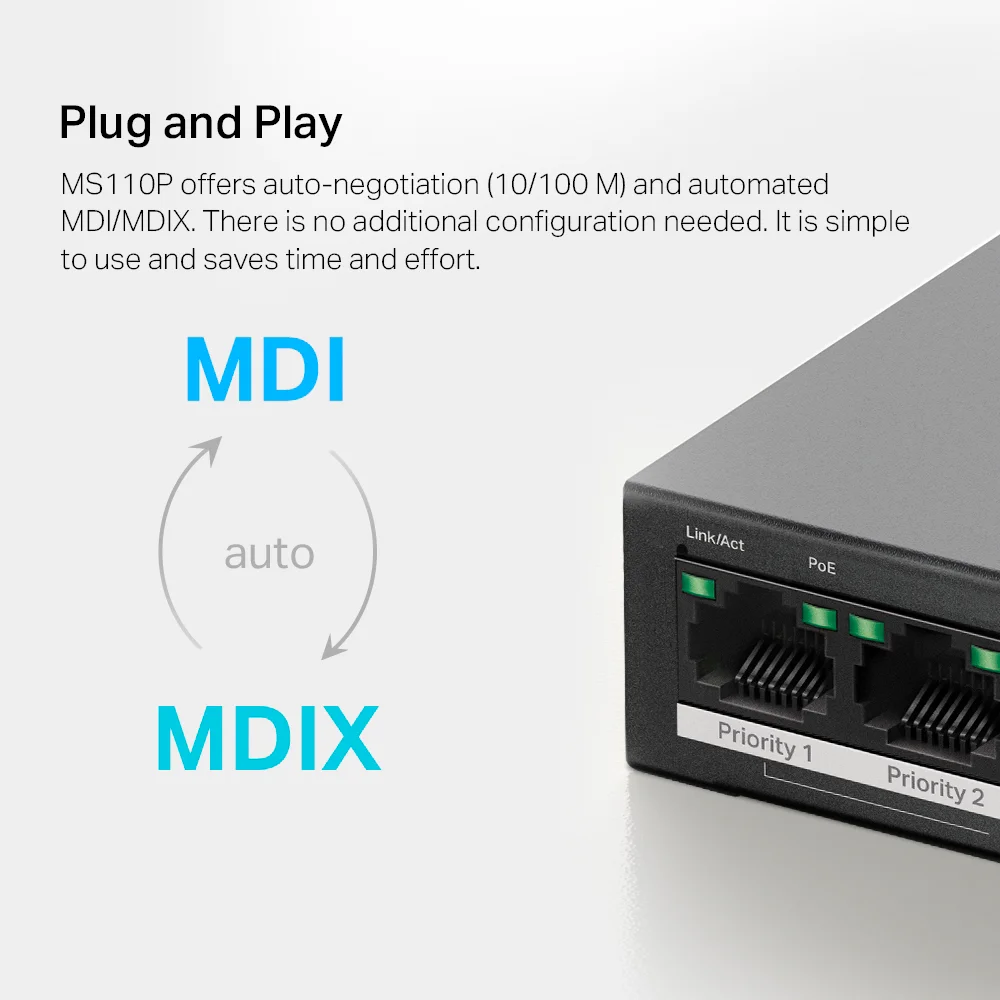 Switch PoE Mercusys MS110P | 10-Port 10/100Mbps Desktop Switch with 8-Port PoE+