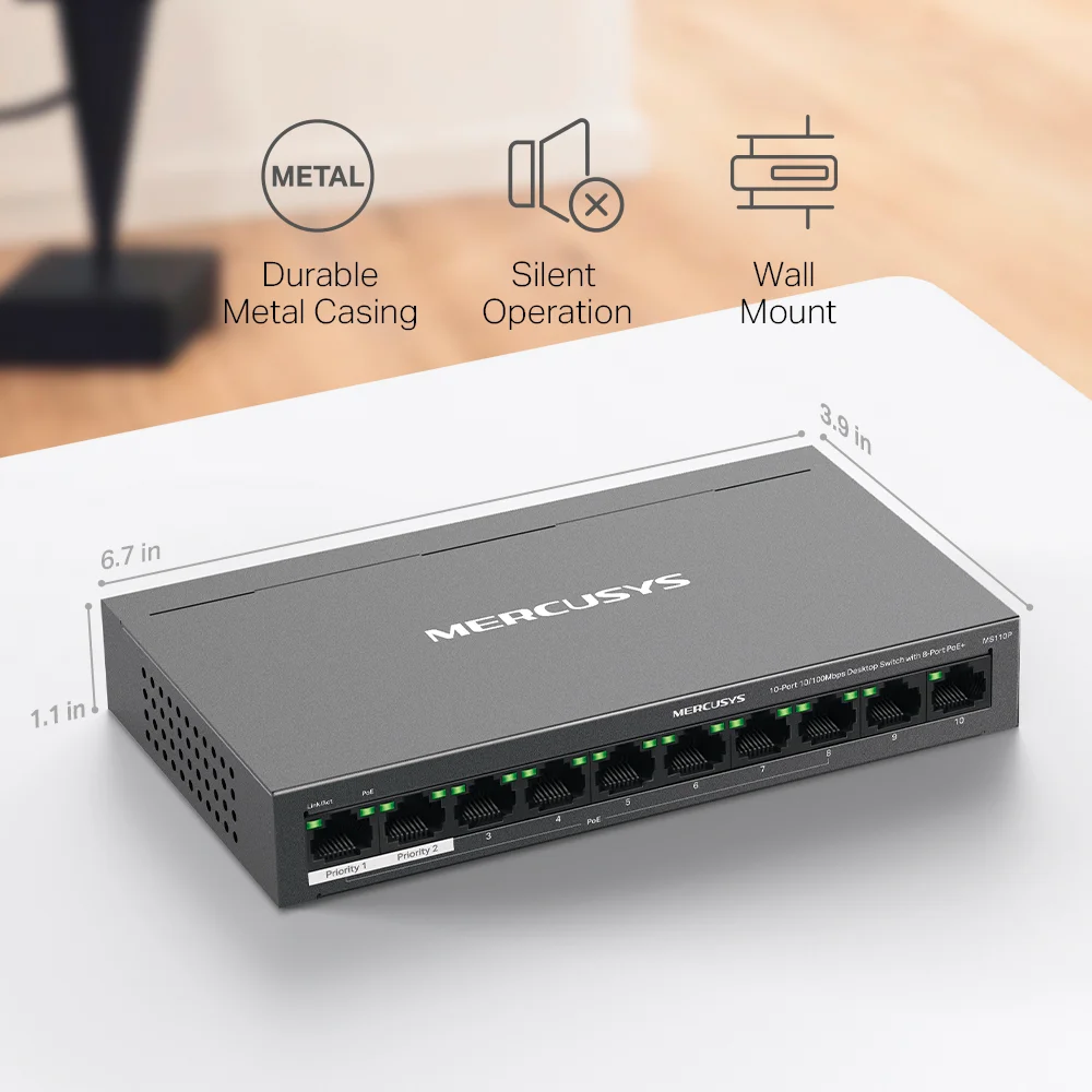 Switch PoE Mercusys MS110P | 10-Port 10/100Mbps Desktop Switch with 8-Port PoE+
