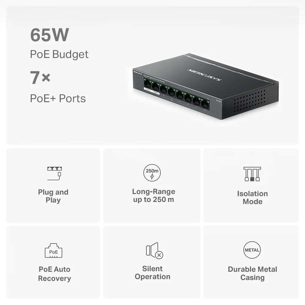 Switch PoE Mercusys MS108GP | 8-Port Gigabit Desktop Switch with 7-Port PoE+