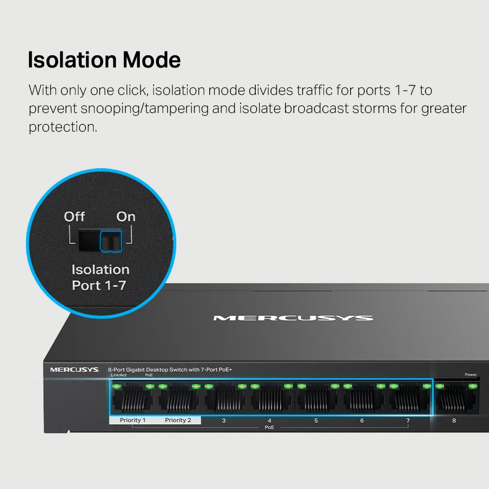 Switch PoE Mercusys MS108GP | 8-Port Gigabit Desktop Switch with 7-Port PoE+