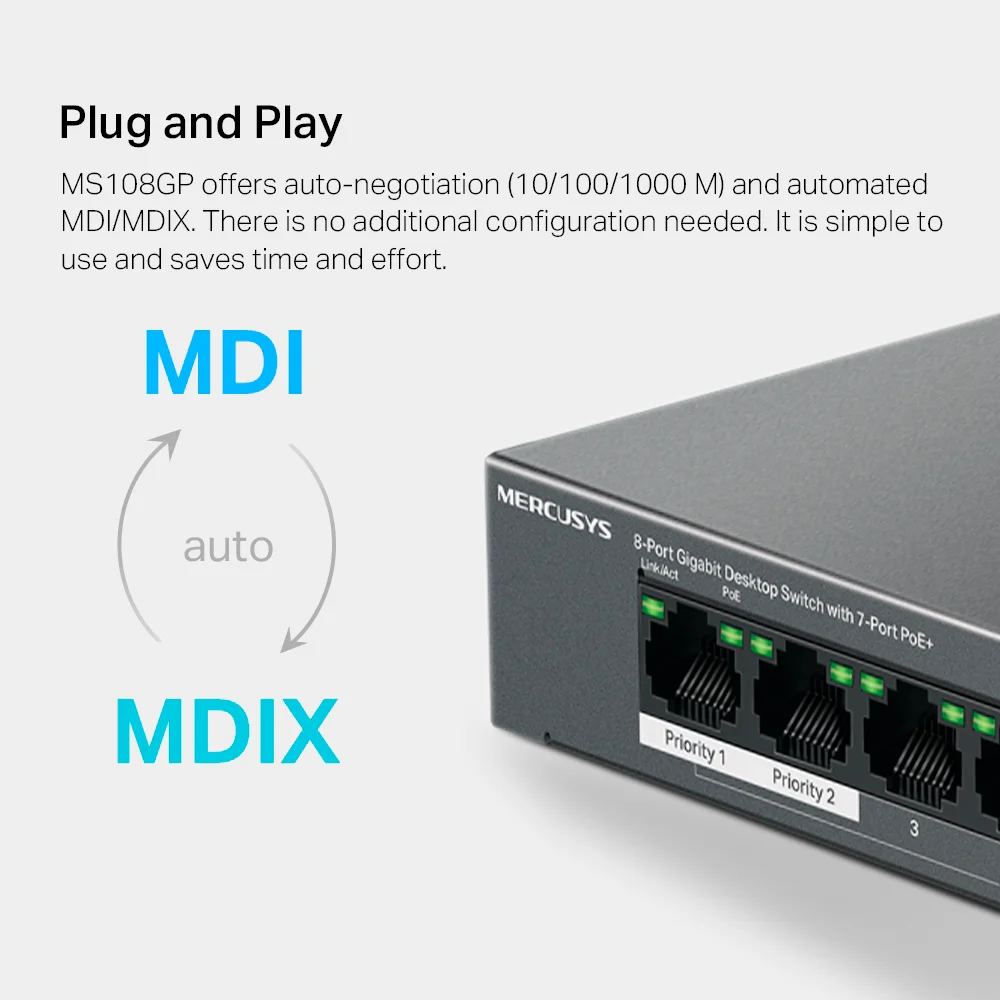 Switch PoE Mercusys MS108GP | 8-Port Gigabit Desktop Switch with 7-Port PoE+