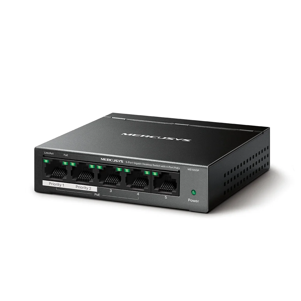 Switch PoE Mercusys MS105GP | 5-Port Gigabit Desktop Switch with 4-Port PoE+