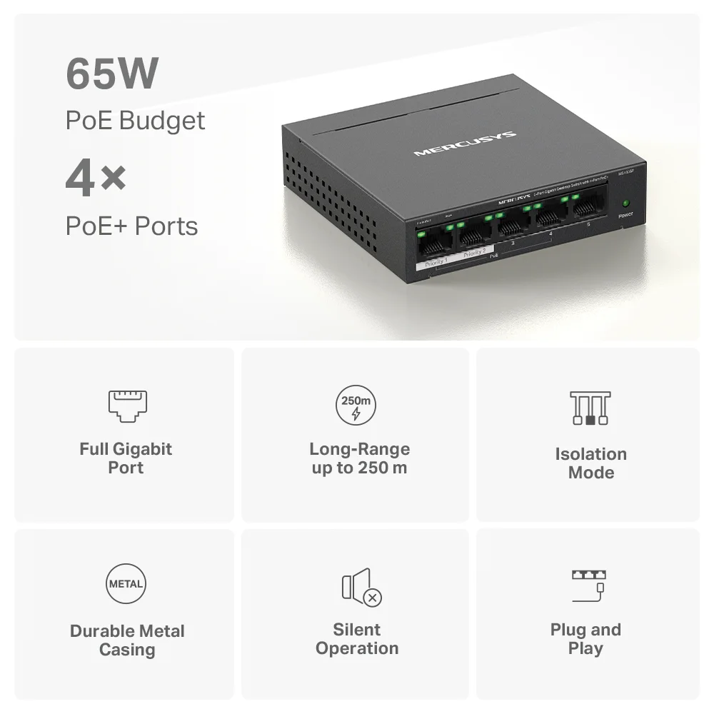 Switch PoE Mercusys MS105GP | 5-Port Gigabit Desktop Switch with 4-Port PoE+