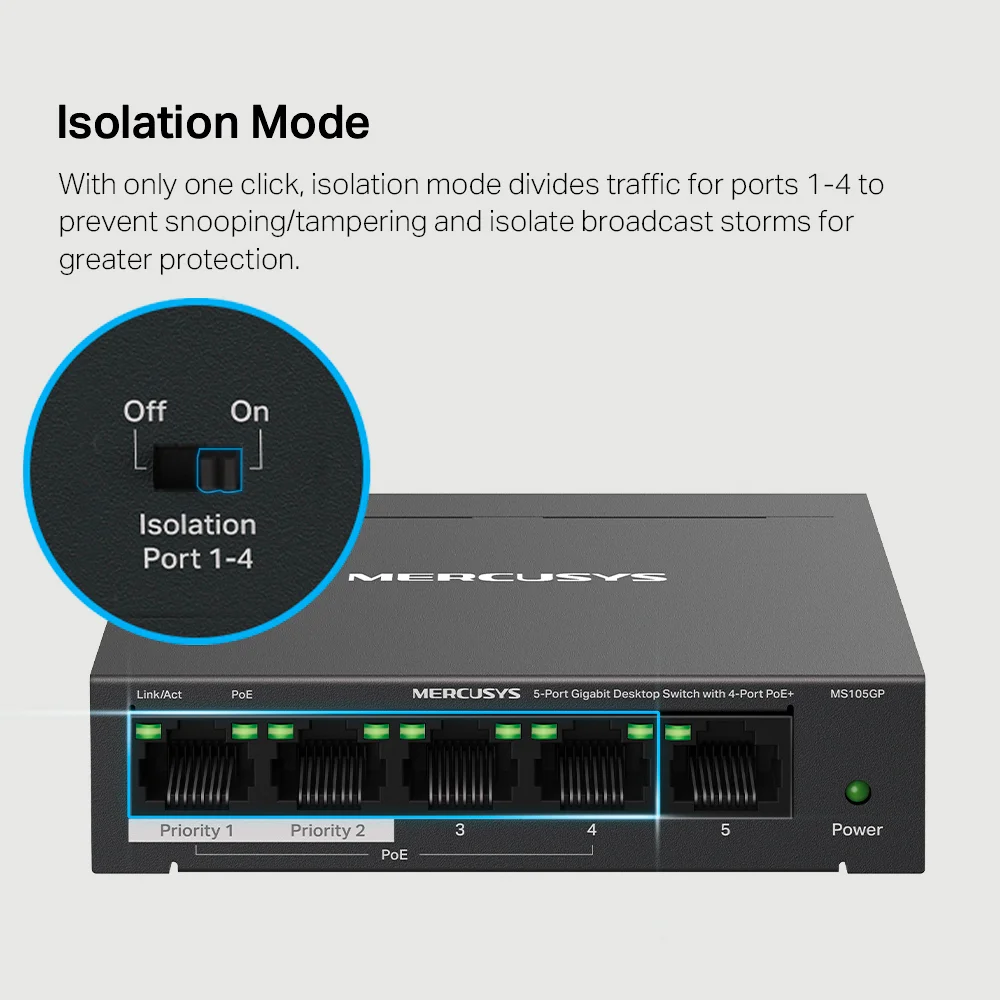 Switch PoE Mercusys MS105GP | 5-Port Gigabit Desktop Switch with 4-Port PoE+