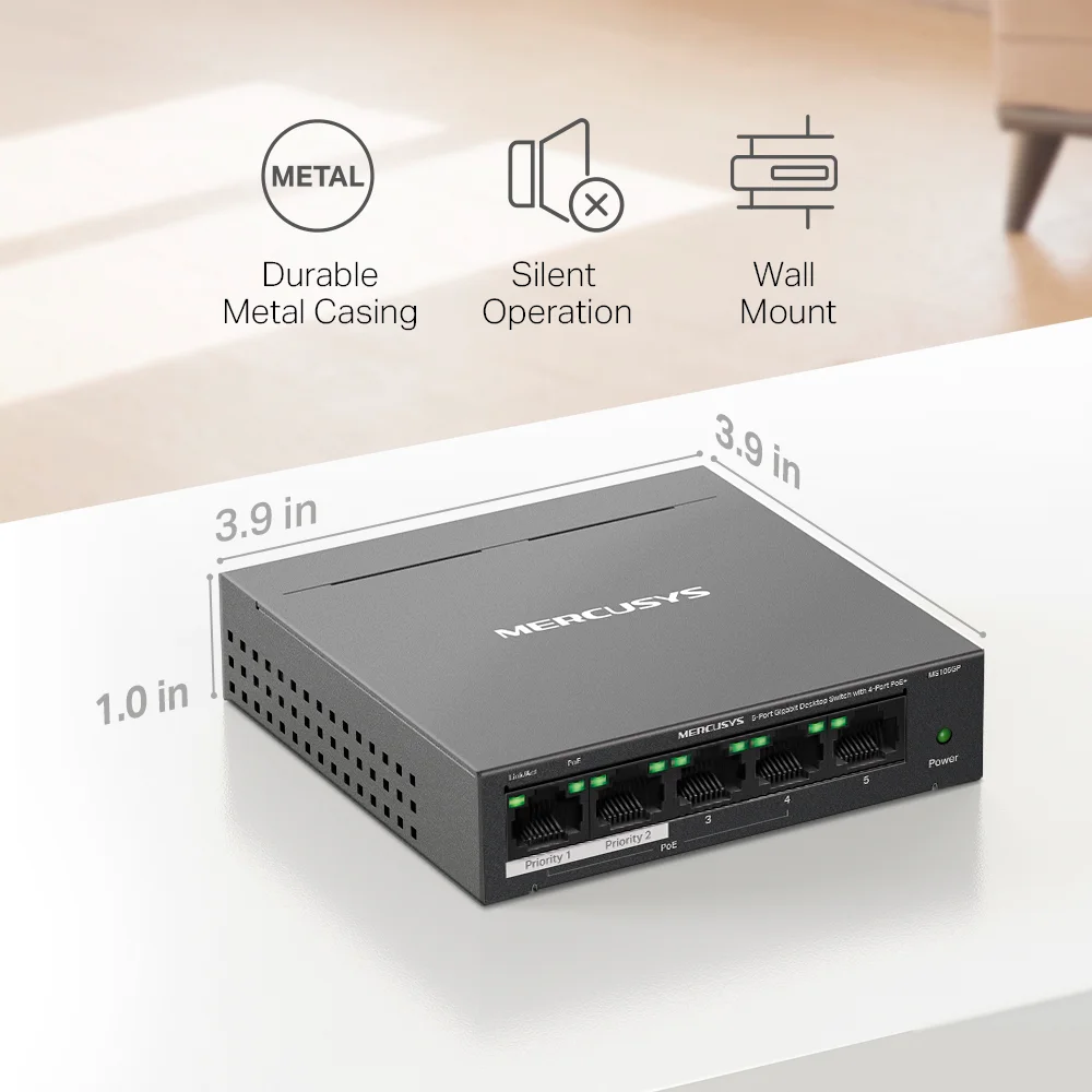 Switch PoE Mercusys MS105GP | 5-Port Gigabit Desktop Switch with 4-Port PoE+