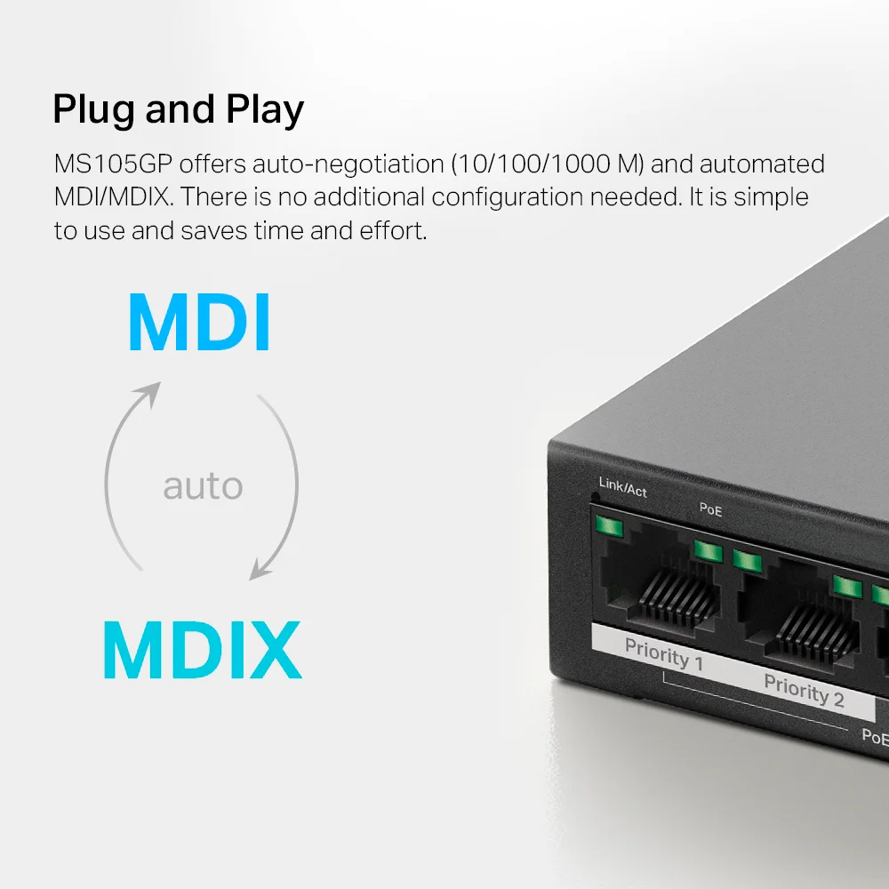 Switch PoE Mercusys MS105GP | 5-Port Gigabit Desktop Switch with 4-Port PoE+