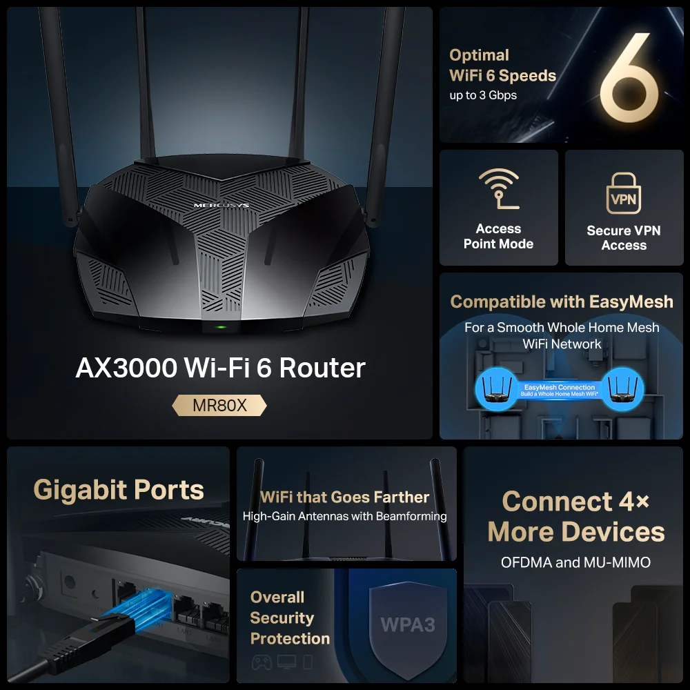 Router Wi-Fi Mercusys MR80X | AX3000 Dual-Band Wi-Fi 6 Router