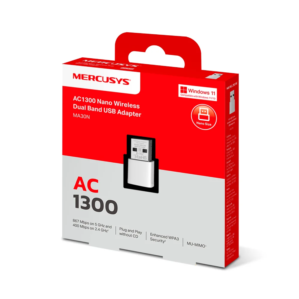 Adaptador Wi-Fi USB Mercusys MA30N | AC1300 Nano Wireless Dual Band USB Adapter
