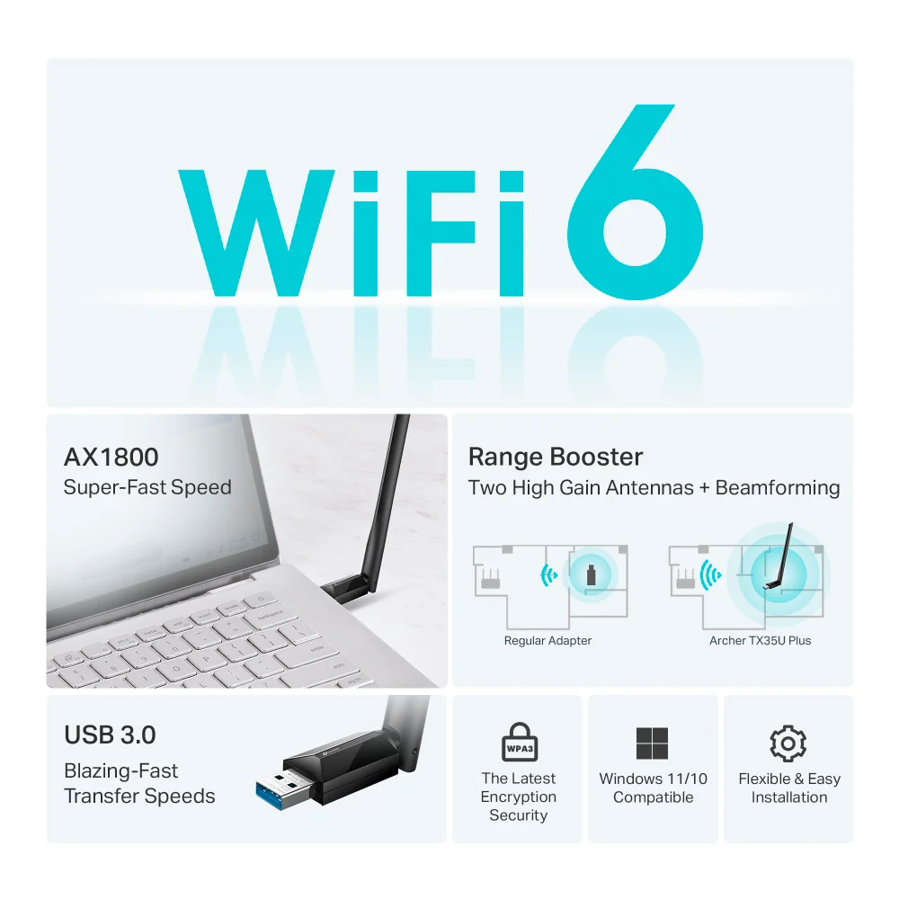 Adaptador Wi-Fi USB de alta ganancia TP-Link Archer TX35U Plus | AX1800 High Gain Wireless USB Adapter