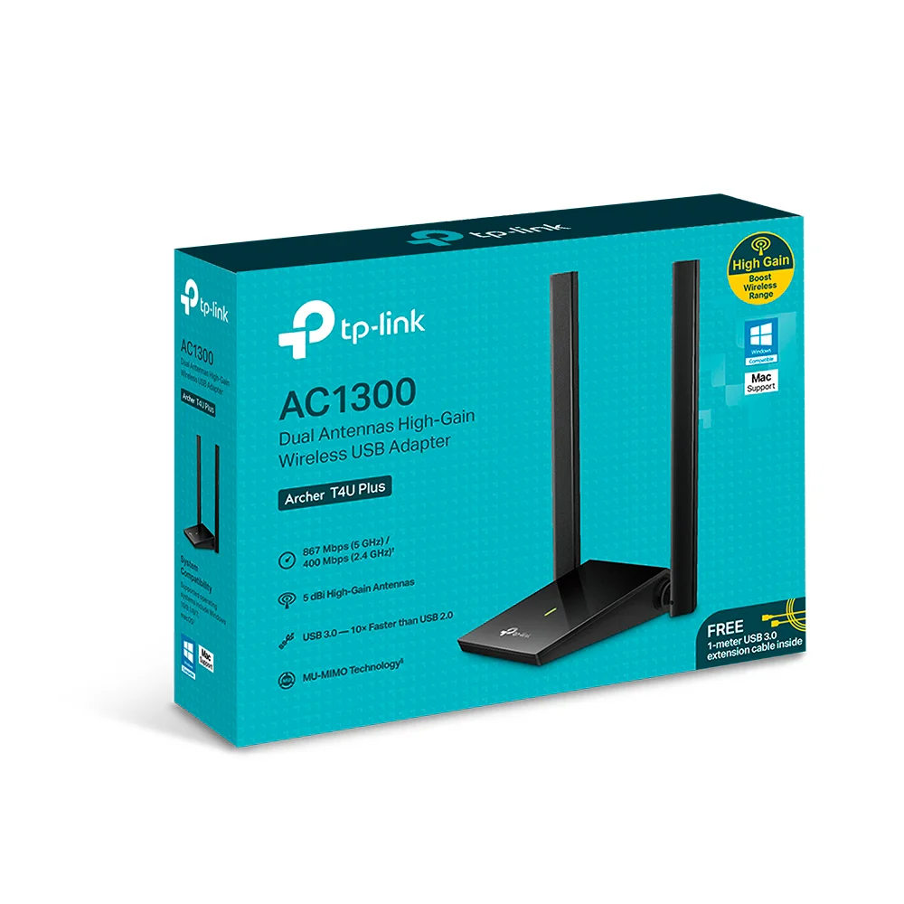 Adaptador Wi-Fi USB de alta ganancia TP-Link Archer T4U Plus | Adaptador USB inalámbrico AC1300 de alta ganancia y antenas duales