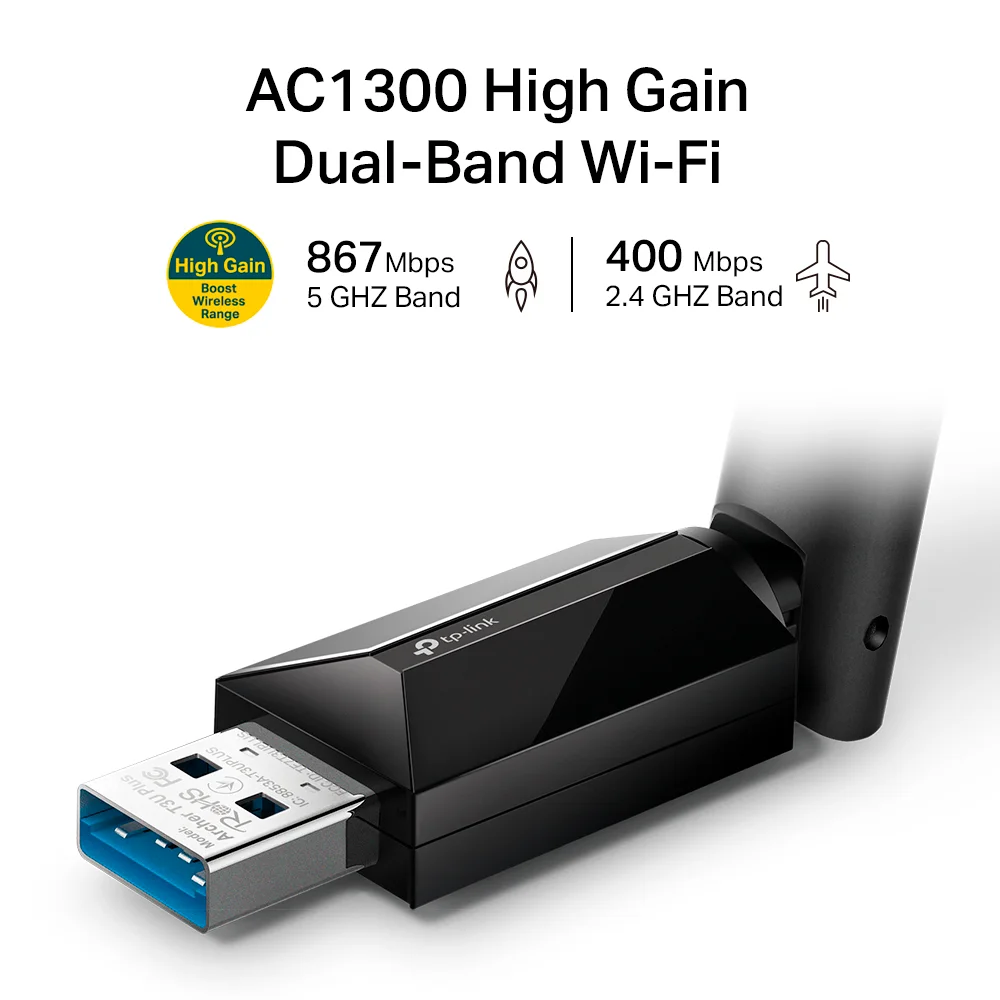 Adaptador Wi-Fi USB de alta ganancia TP-Link Archer T3U Plus | Adaptador USB Inalámbrico Banda Dual AC1300 Alta Ganancia