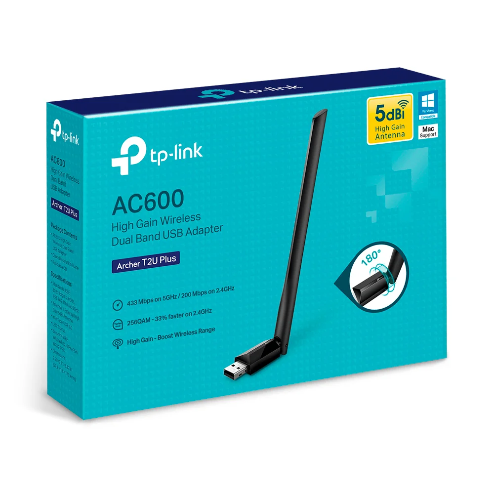 Adaptador Wi-Fi USB de alta ganancia TP-Link Archer T2U Plus | AC600 High Gain Wireless Dual Band USB Adapter