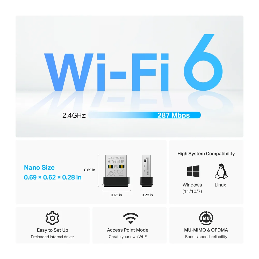 Adaptador Wi-Fi USB TP-Link Archer TX1U Nano | AX300 Nano Wi-Fi 6 Wireless USB Adapter