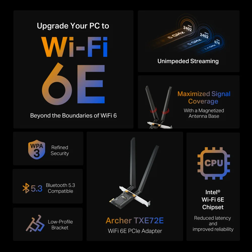 Adaptador Wi-Fi PCIe TP-Link Archer TXE72E | Adaptador de red PCIe AXE5400 Wi-Fi 6E Archer TXE72E
