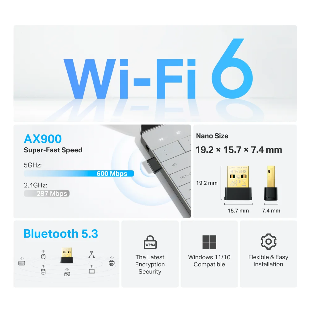 Adaptador Wi-Fi/Bluetooth USB TP-Link Archer TX10UB Nano | AX900 Nano Wi-Fi 6 Bluetooth 5.3 USB Adapter
