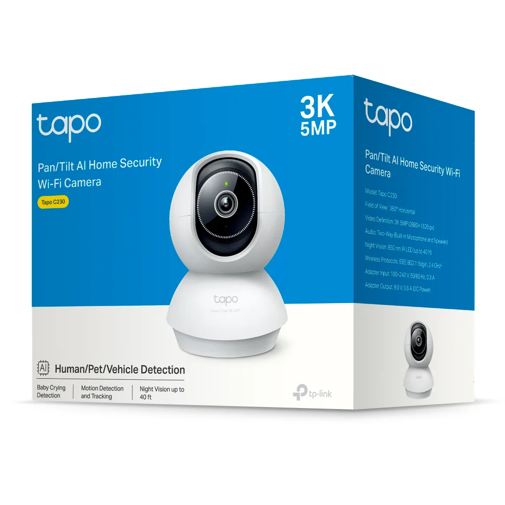 Cámara de seguridad Wi-Fi TP-Link Tapo C230 | Cámara de Vigilancia Wi-Fi de 360 Grados con Vista 3K y Detección IA Avanzada