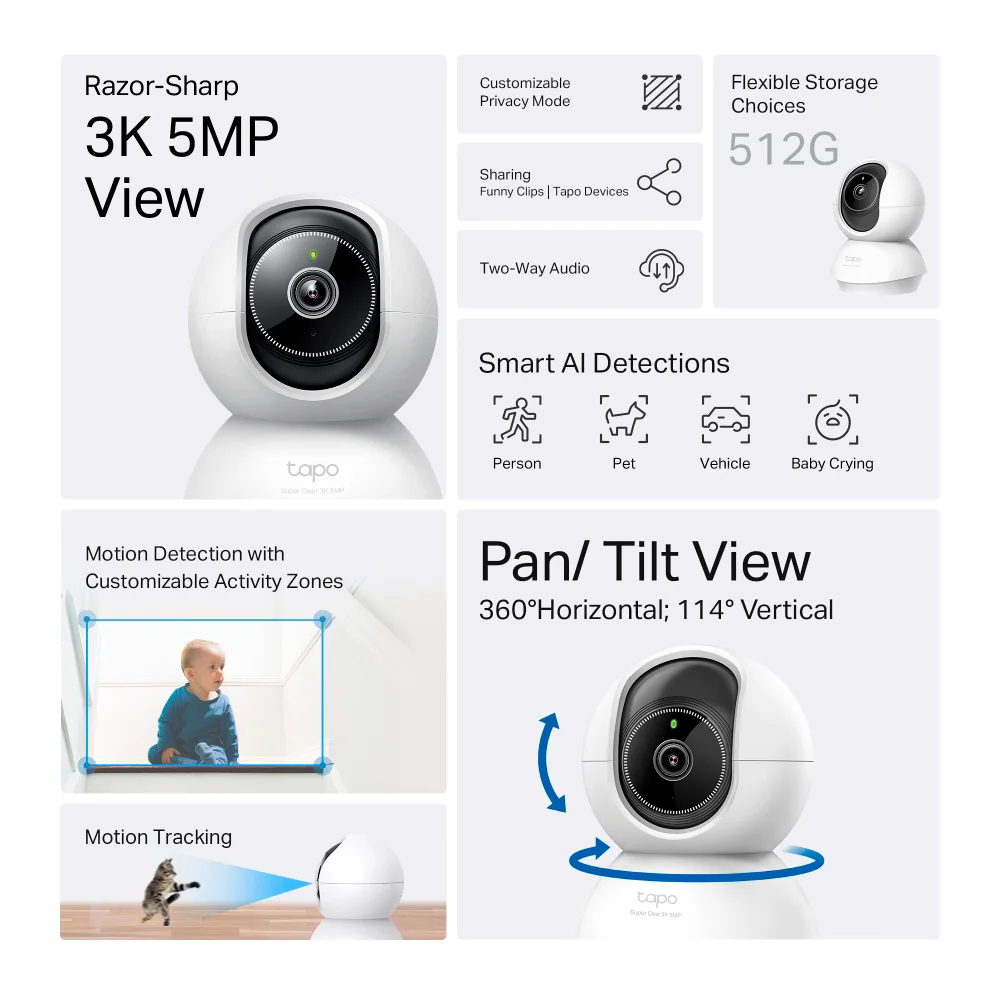 Cámara de seguridad Wi-Fi TP-Link Tapo C230 | Cámara de Vigilancia Wi-Fi de 360 Grados con Vista 3K y Detección IA Avanzada