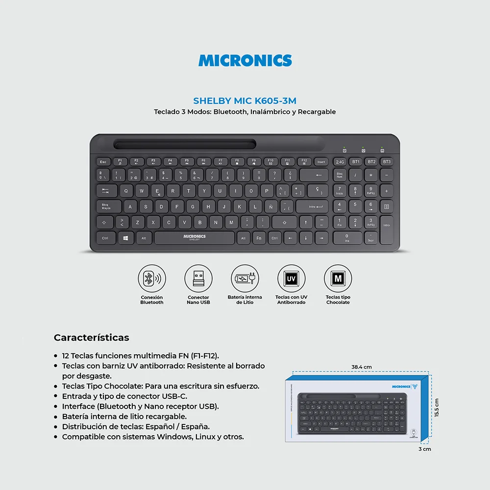 Teclado Multimedia Micronics Shelby MIC K605-3M - BT Recargable