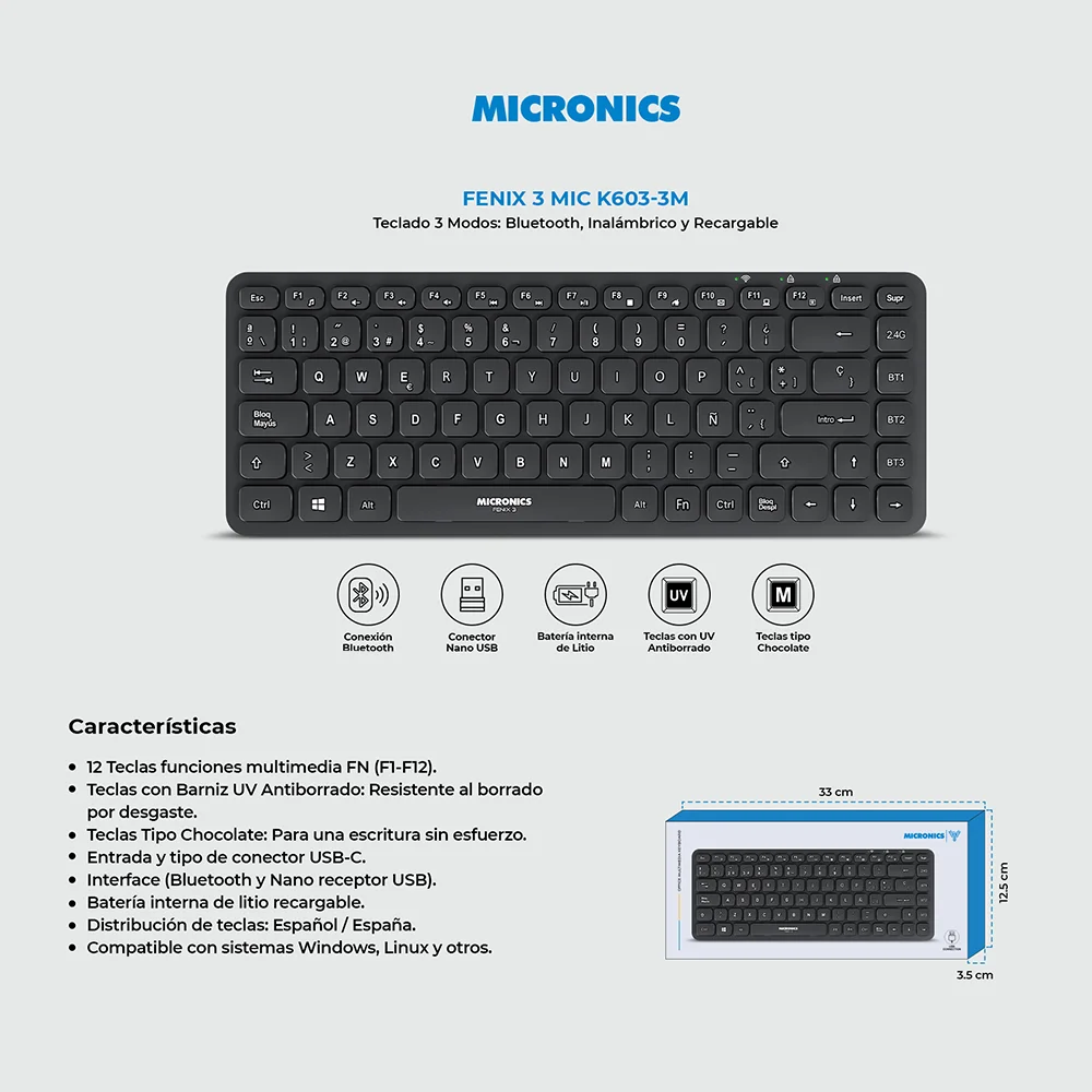 Teclado Multimedia Micronics Fenix MIC K603-3M - 3 BT Recargable