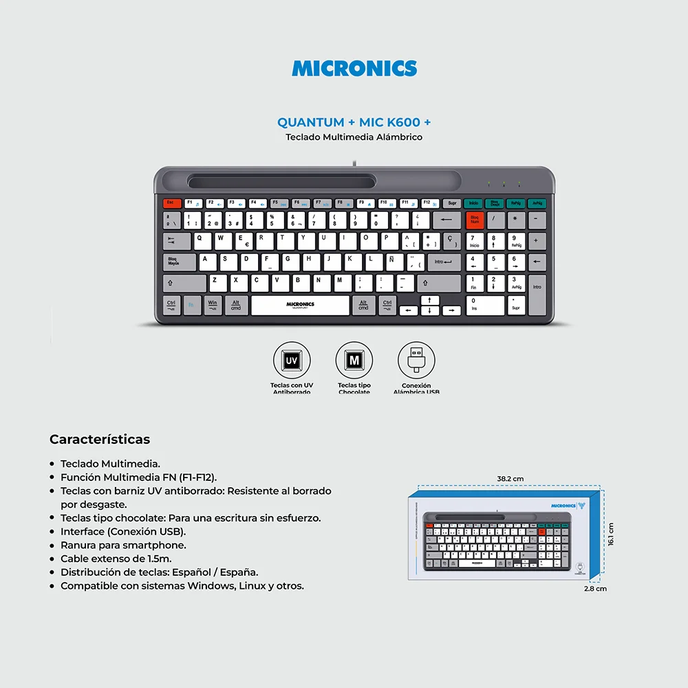 Teclado Multimedia Micronics Quantum+ MIC K600+ - USB T/Semicurvas
