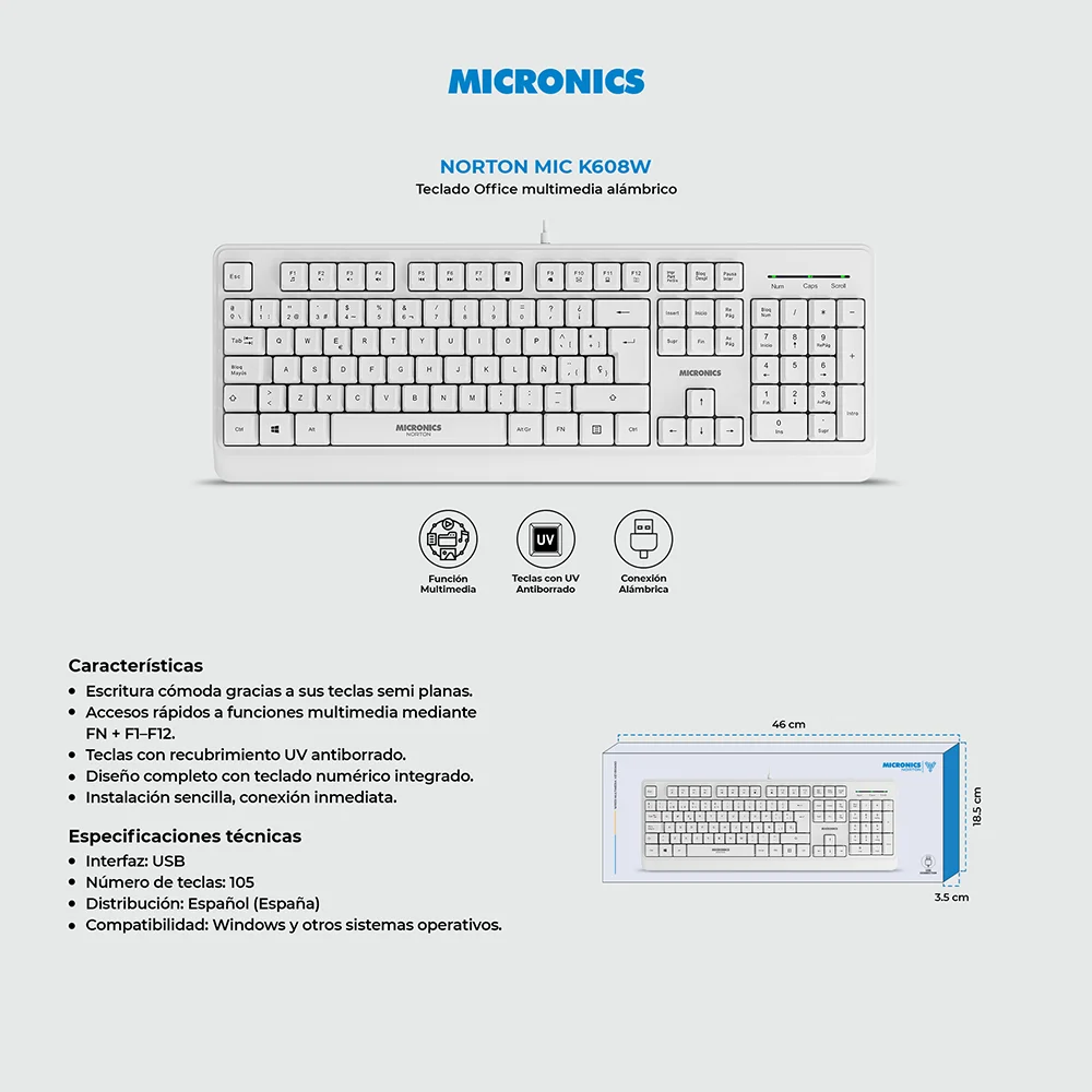 Teclado Multimedia Micronics Norton MIC K608W - White USB