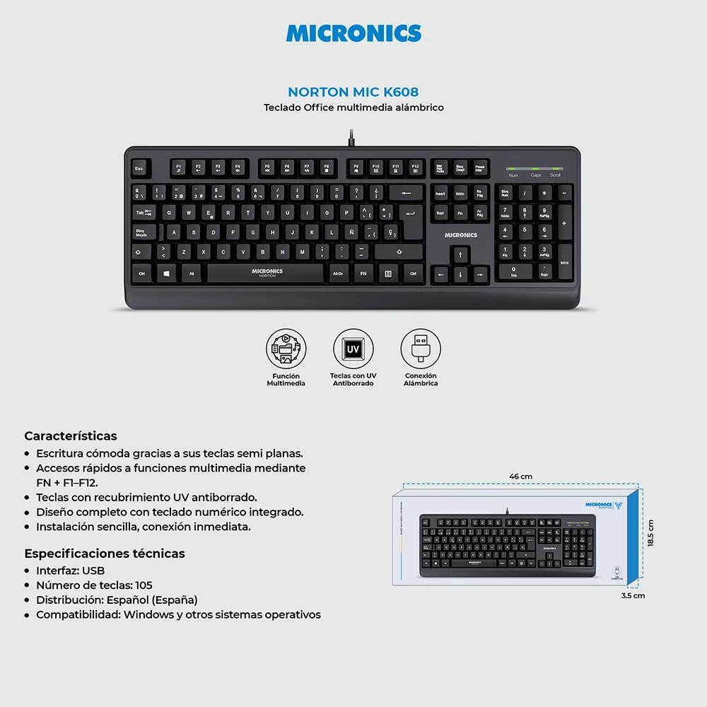 Teclado Multimedia Micronics Norton MIC K608 - Black USB LED
