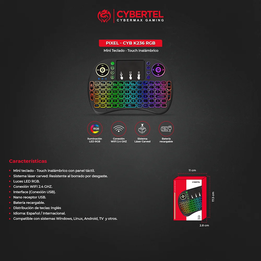 Teclado Multimedia Cybertel Pixel CYB K236-RGB - Mini LED WiFi Touch