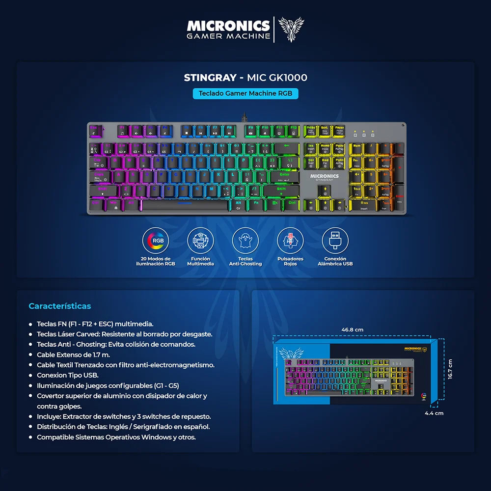 Teclado Mecánico Gamer Micronics MIC GK1000 - Stingray RGB Iluminación LED