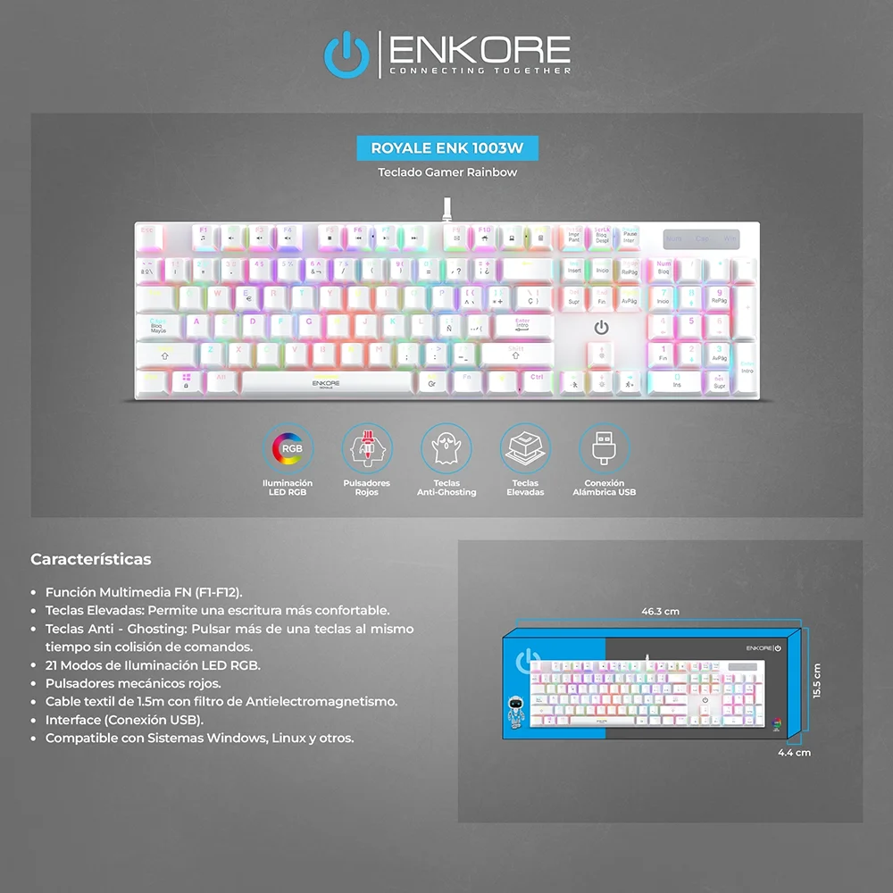 Teclado Gamer Mecánicoa USB Enkore Royale White RGB ENK1003w Color Blanco