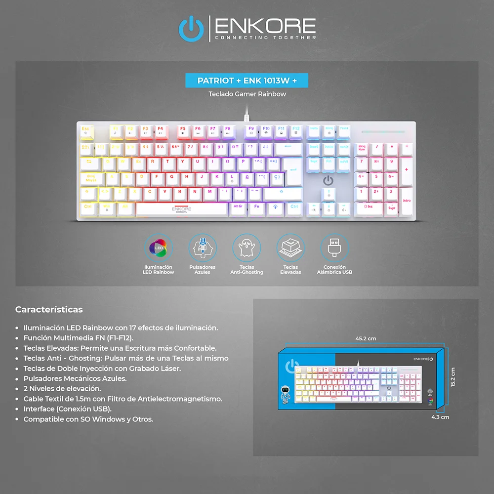 Teclado Gamer Mecánico USB Enkore Patriot+ USB ENK1013W+