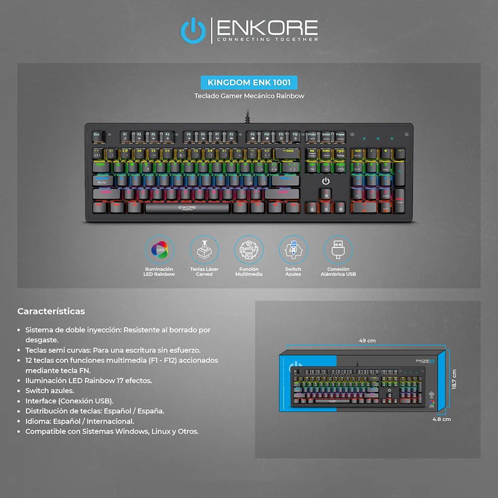 Teclado Gamer Mecánico USB Enkore Kingdom Rainbow ENK1001
