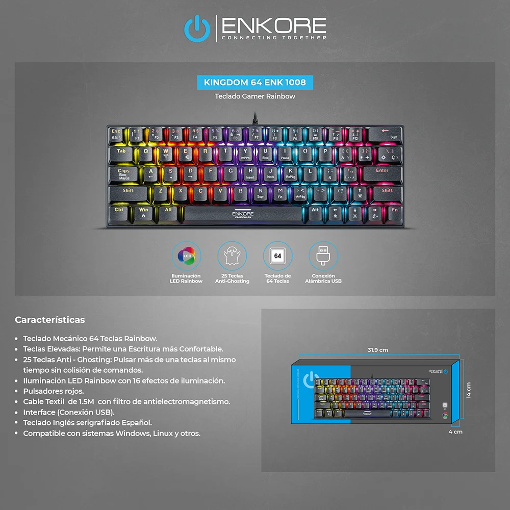 Teclado Gamer Mecánico USB Enkore Kingdom 64 Rainbow ENK1008