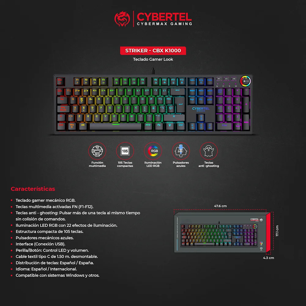 Teclado Mecánico Gamer Cybertel Striker CBX K1000 - RGB 105 Teclas