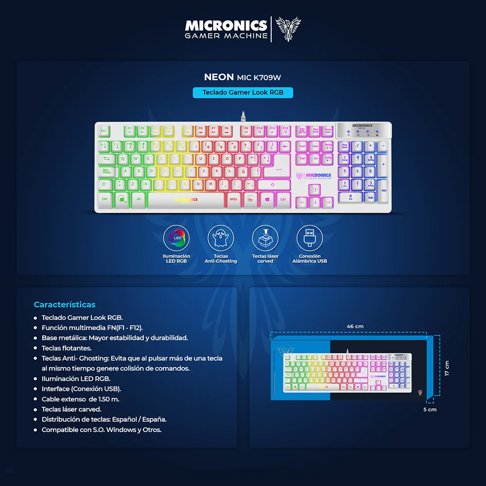 Teclado Gamer USB Micronics Neon MIC K709W - White RGB Iluminación LED